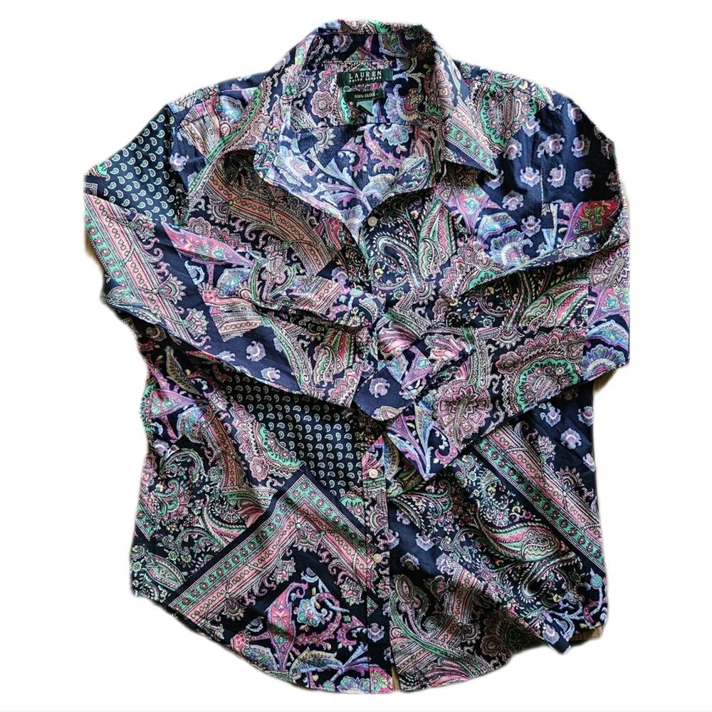 Lauren Ralph Lauren Women Large Paisley Patchwork Button Down Shirt Navy Pink - Picture 5 of 11